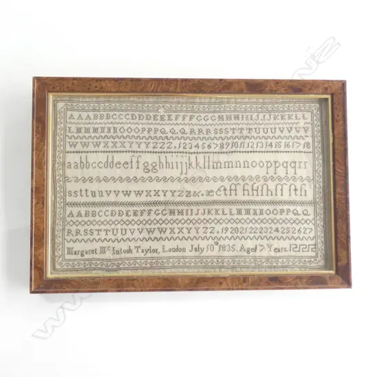 A small framed antique alphabet sampler - Margaret Mcintosh Taylor 1835  310 x 195mm, minor damage ...